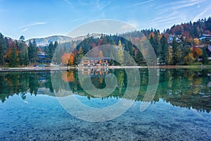 Amazing nature autumn landscape, Jasna lake in Triglav national park, Kranjska Gora, Slovenia. Outdoor travel background