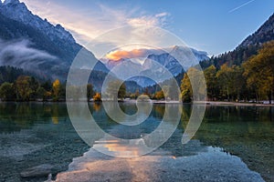 Amazing nature autumn landscape, Jasna lake in Triglav national park, Kranjska Gora, Slovenia. Outdoor travel background