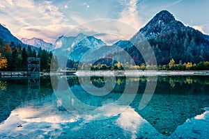 Amazing nature autumn landscape, Jasna lake in Triglav national park, Kranjska Gora, Slovenia. Outdoor travel background