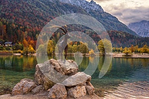 Amazing nature autumn landscape, Jasna lake in Triglav national park, Kranjska Gora, Slovenia. Outdoor travel background