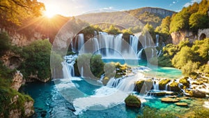 Amazing nature landscape, beautiful waterfall at sunrise, famous Skradinski buk,