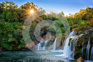 Amazing nature landscape, famous waterfall Skradinski buk at sunrise, Croatia, outdoor travel background photo