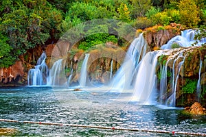 Amazing nature landscape, famous waterfall Skradinski buk at sunrise, Croatia, outdoor travel background