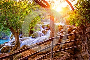 Amazing nature landscape, famous waterfall Skradinski buk at sunrise, Croatia, outdoor travel background