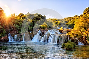 Amazing nature landscape, famous waterfall Skradinski buk at sunrise, Croatia, outdoor travel background