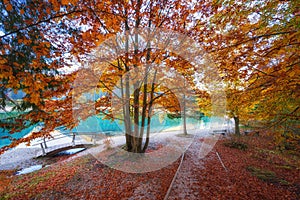 Amazing nature landscape, golden autumn trees and tourist route at Jasna lake in Triglav national park, Kranjska Gora, Slovenia