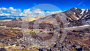 Amazing nature landscape, lava field and color volcanic mountains Landmannalaugar in the Fjallabak nature reserve, Iceland