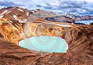 Amazing nature landscape, Viti crater geothermal lake and Oskjuvatn lake in Askja caldera, highlands of Iceland