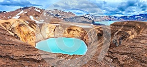 Amazing nature landscape, Viti crater geothermal lake and Oskjuvatn lake in Askja caldera, highlands of Iceland