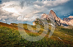 Amazing nature landscape. Wonderful view of Majestic Dolomites mountains peaks with Overcast sky, Awesome alpine highlands in