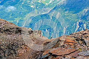 Amazing nature view of green mountain forest and tree growing on a rock, natural landscape perspective, Caucasus, Russia