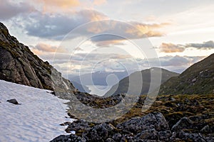 Amazing nature view from mount Hoven, splendid landscape picture over Nordfjord from Loen skylift