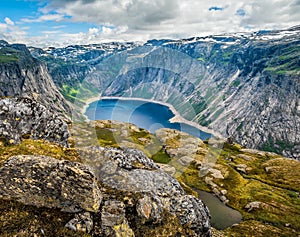 Amazing nature view on the way to Trolltunga. Location: Scandinavian Mountains, Norway, Stavanger. Artistic picture. Beauty world.