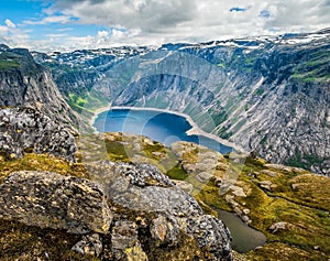 Amazing nature view on the way to Trolltunga. Location: Scandinavian Mountains, Norway, Stavanger. Artistic picture. Beauty world