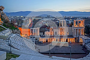 Amazing Night Panorama of city of Plovdiv and Ancient Roman theatre