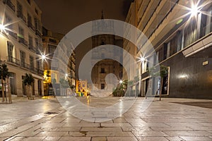 Amazing night photography around Malaga La Manquita Cathedral and Marques de Larios street in long time exposure