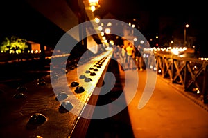 Amazing night view of the illuminated Chain Bridge close-up. Beautiful vintage lantern. Budapest