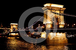 Amazing night view of the illuminated Chain Bridge close-up. Beautiful vintage lantern. Budapest