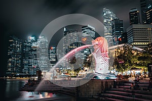 Amazing night view of an illuminated statue in Merlion park, Singapore