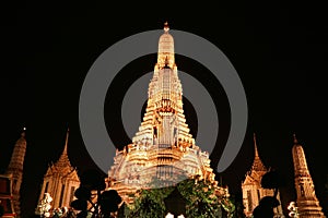 Amazing Night View of Light-up Wat Arun Temple, an Iconic Landmark of Bangkok, Thailand