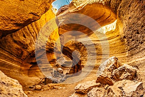 Amazing orange canyon called Barranco de las vacas located on Grand Canaria, Canary Islands, Spain