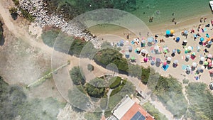 Amazing overhead aerial view of Cavoli Beach, Elba Island in summer season, Italy