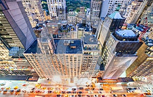 Amazing overhead night view of Manhattan streets and skyscrapers