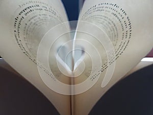 Pages of an open book curved into a heart shape inside with text in spanish