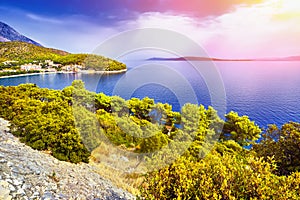 Amazing panorama of the adriatic sea under sunlight and blue sky