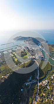 Amazing panorama aerial view of the famous travel destination, Tai O, Lantau Island, Hong Kong, evening