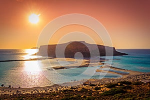 Amazing panorama of Balos Lagoon with magical turquoise waters, lagoons, tropical beaches of pure white sand and Gramvousa island