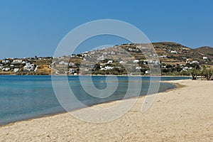 Amazing panorama of beach in town of Naoussa, Paros island, Greece