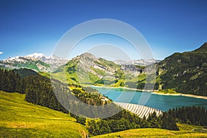 Amazing panorama of French Alps, part of famous trek Chamonix Mont Blanc in the backround.. View of French mountains in summer hik