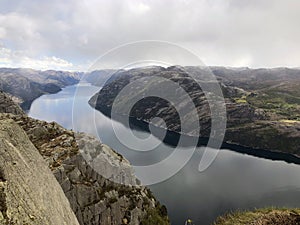 Amazing panorama of Norwegian fjord Lysefjord or Lysefjorden from Pulpit Rock, best Norway scenery