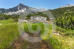 Amazing panorama of Sivrya peak and Banski lakes, Pirin Mountain