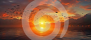 Amazing Panorama swirl murmuring silhouette of birds against the sunset.AI generated.