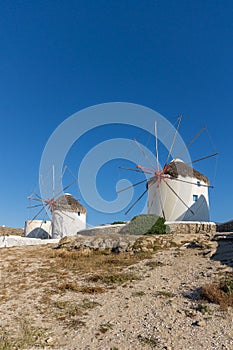 Amazing Panorama of white windmill and island of Mykonos, Greece