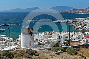 Amazing Panorama of white windmill and island of Mykonos, Greece