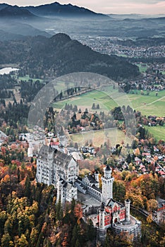 Amazing panoramiÑ view of Neuschwanstein castle in autumn season. Fussen. Bavaria, Germany.