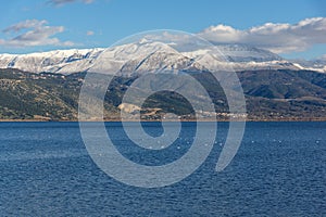 Amazing panoramic Landscape of Lake Pamvotida, Pindus mountain and city of Ioannina, Greece