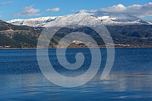 Amazing panoramic Landscape of Lake Pamvotida, Pindus mountain and city of Ioannina, Greece