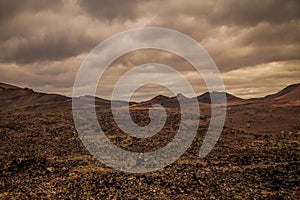 Amazing panoramic landscape of volcano in Timanfaya national park. Popular touristic in Lanzarote island Canary islans Spain.