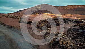 Amazing panoramic landscape of volcano in Timanfaya national park. Popular touristic in Lanzarote island Canary islans Spain.