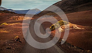 Amazing panoramic landscape of volcano in Timanfaya national park. Popular touristic in Lanzarote island Canary islans Spain.