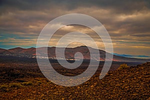 Amazing panoramic landscape of volcano in Timanfaya national park. Popular touristic in Lanzarote island Canary islans Spain.