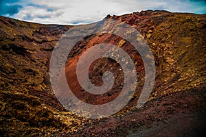 Amazing panoramic landscape of volcano in Timanfaya national park. Popular touristic in Lanzarote island Canary islans Spain.