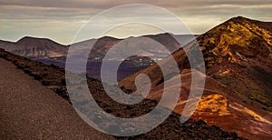 Amazing panoramic landscape of volcano in Timanfaya national park. Popular touristic in Lanzarote island Canary islans Spain.