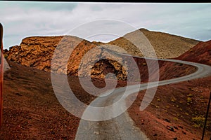 Amazing panoramic landscape of volcano in Timanfaya national park. Popular touristic in Lanzarote island Canary islans Spain.