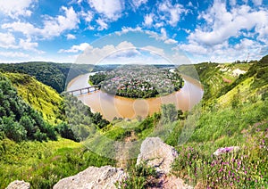 Amazing panoramic view from above to famous ukraininan city Zaleshchiki in the Dnister river canyon photo