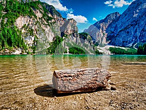 Amazing Panoramic view of Braies Lake Dolomites mountains in summer Sudtirol, Italy